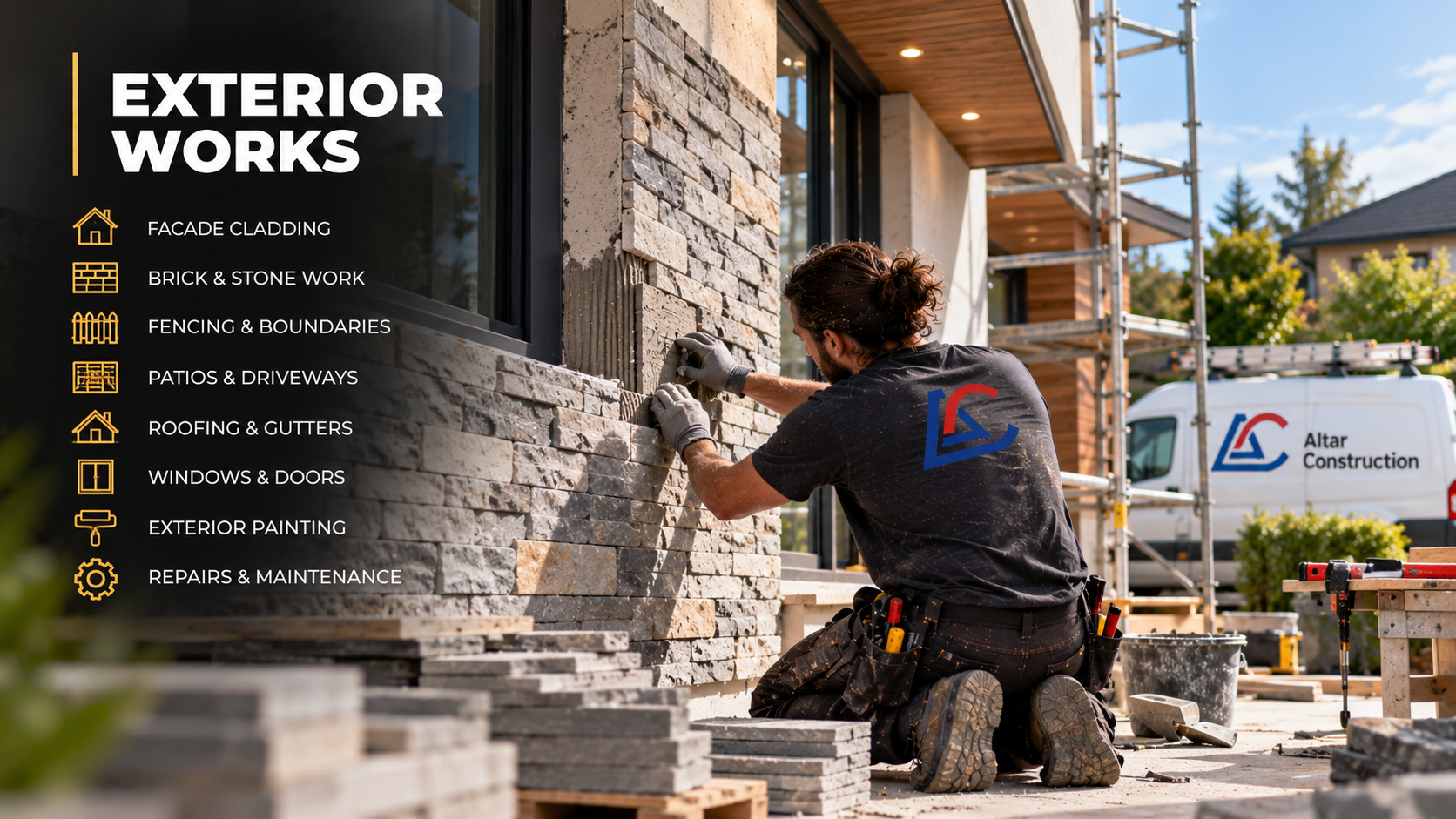 Exterior works and stone cladding